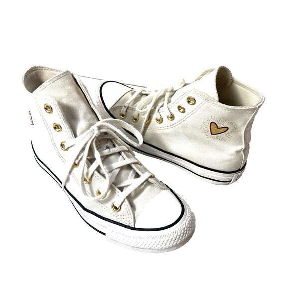 Converse All Star Hi-Top Ivory Canvas Sneaker Women's 7 Lace Up Shoes Gold Heart - Picture 4 of 11